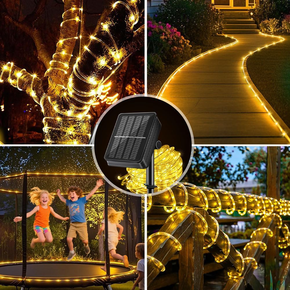 flexible pvc tube that bends around trees, pergolas, railings, and diy shapes; available in warm white, cool white, multicolor, and green