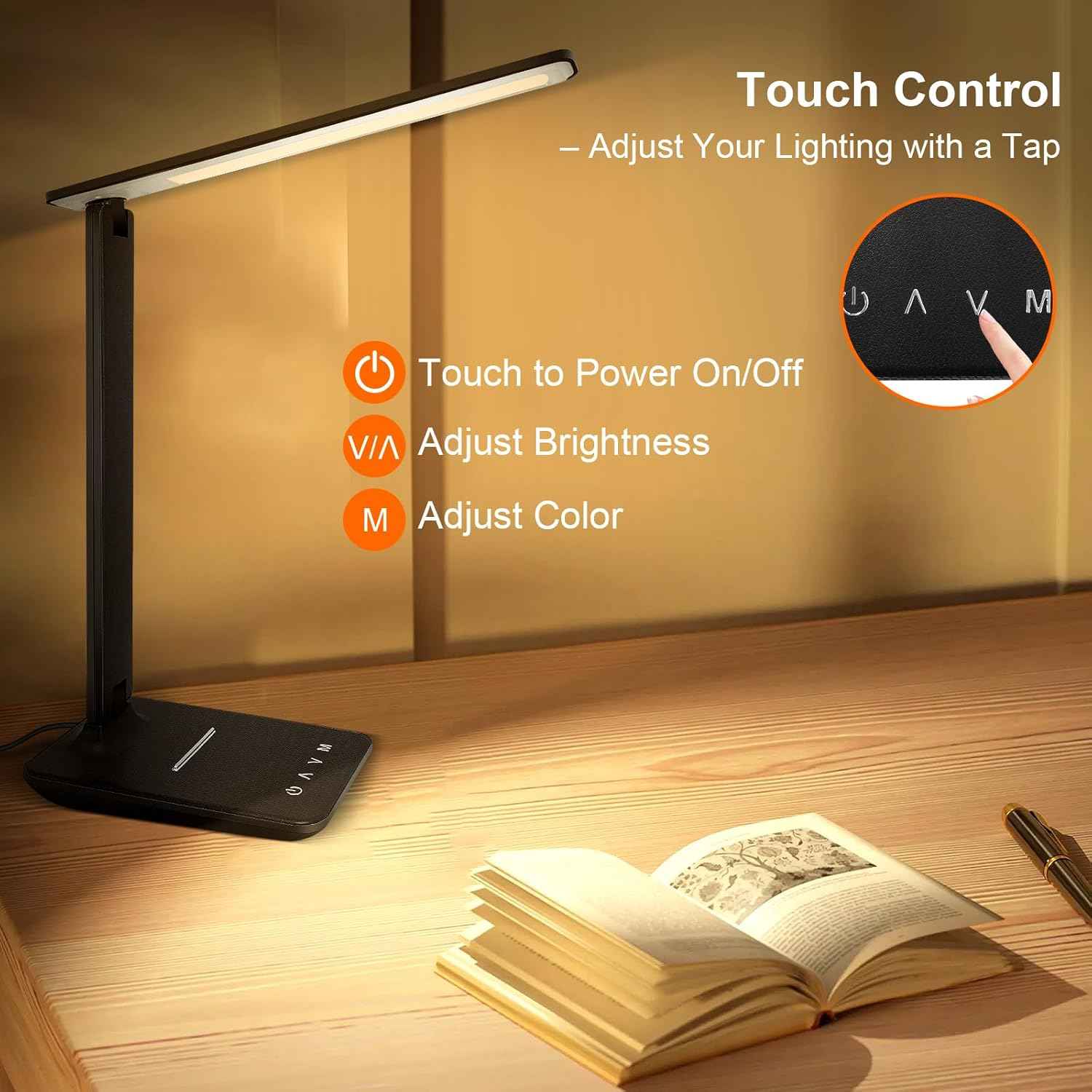 shinelife LED Desk Lamp – Slim Minimalist Task Light for Small Apartment Desk, USB Charging Built-In