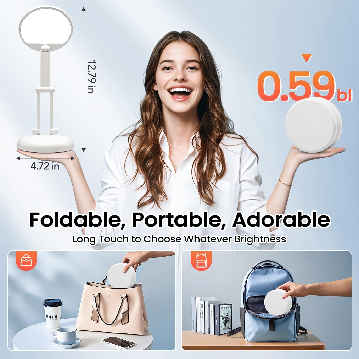 foldable hinge that collapses the lamp into a compact 'cookie' form factor