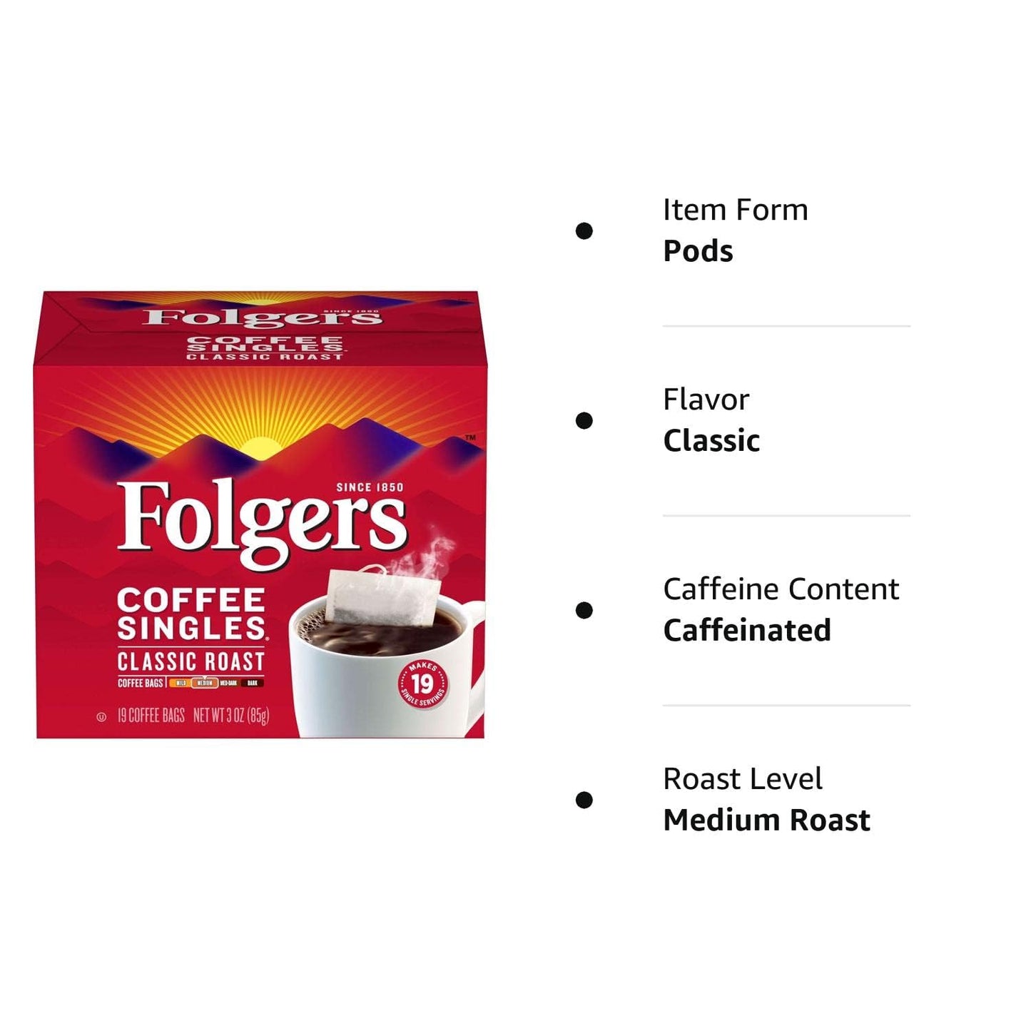 Folgers Coffee Singles – Quick Desk-Side Coffee for Focused Work Mornings, 19 Count Box