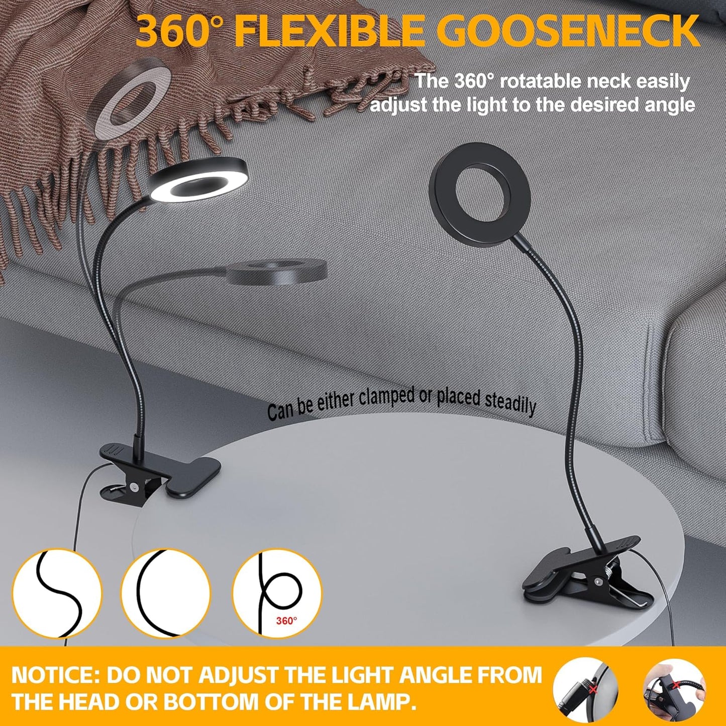 Foneso USB Reading Light for Children Bedroom – Warm 3000K Night Light Setting, Strong Metal Clamp Fits Bunk Beds and Headboards