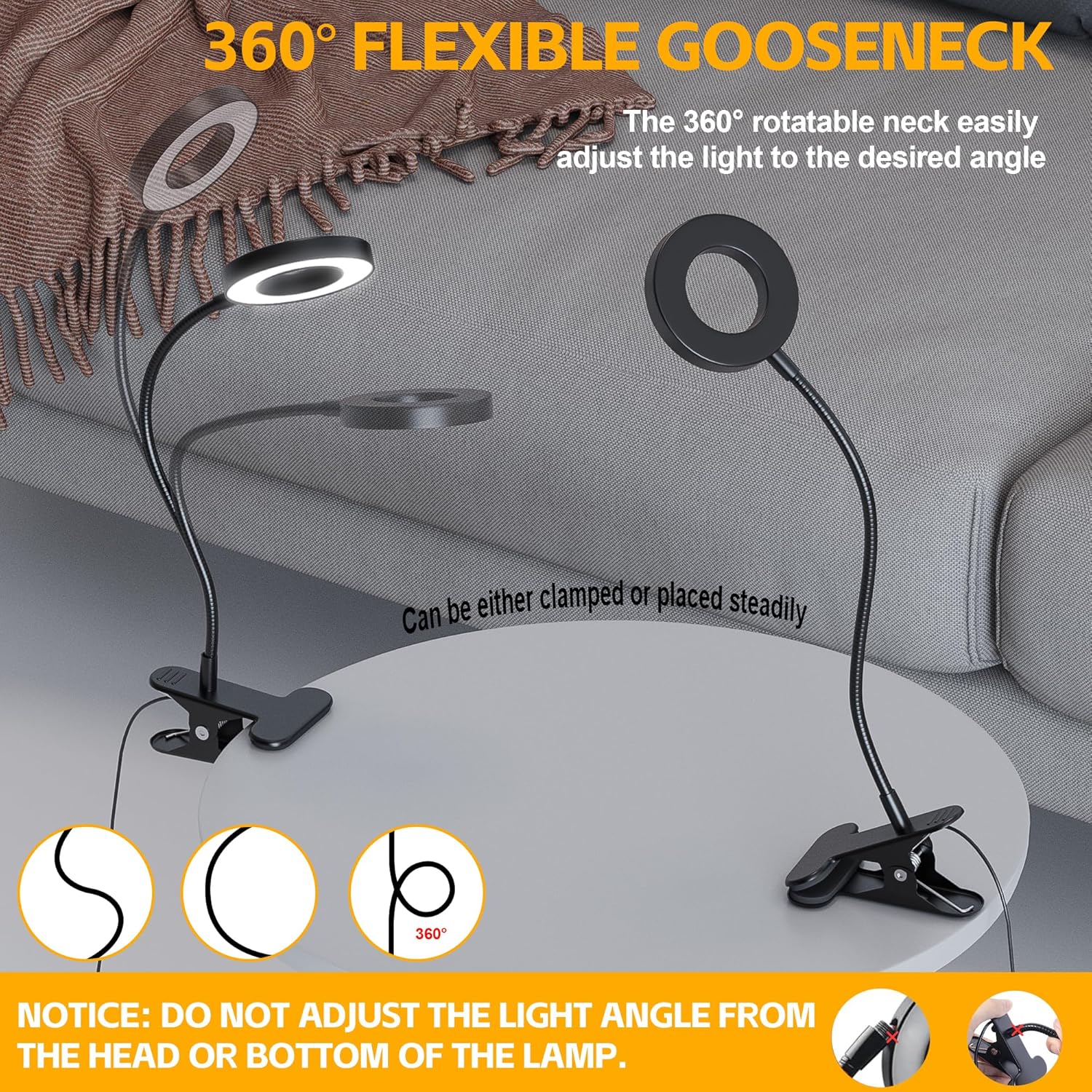 Foneso USB Reading Light for Children Bedroom – Warm 3000K Night Light Setting, Strong Metal Clamp Fits Bunk Beds and Headboards