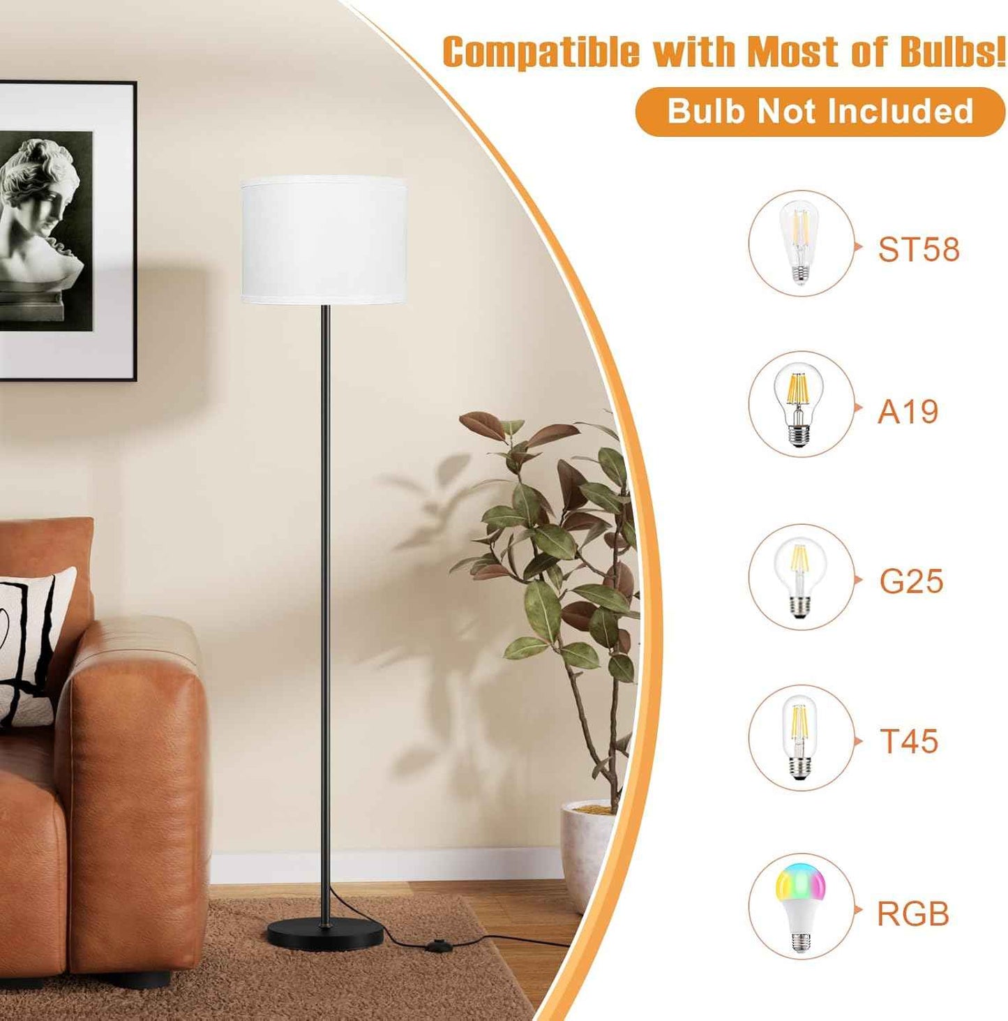 Decorative 60-Inch Floor Lamp with Fabric Lampshade and Foot Pedal On-Off Switch, Ambient Home Lighting for Bedroom Corner, Living Room and Dining Room