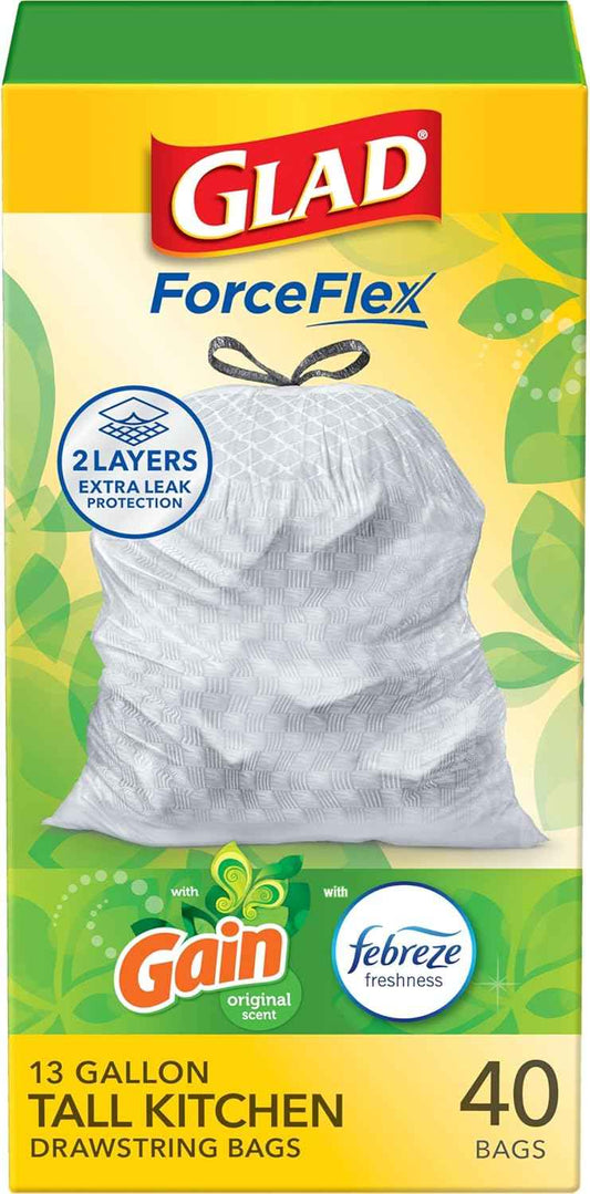 Glad ForceFlex Tall Kitchen Trash Bags, 13 Gallon – Family Kitchen Must-Have, Leak-Proof for Busy Homes