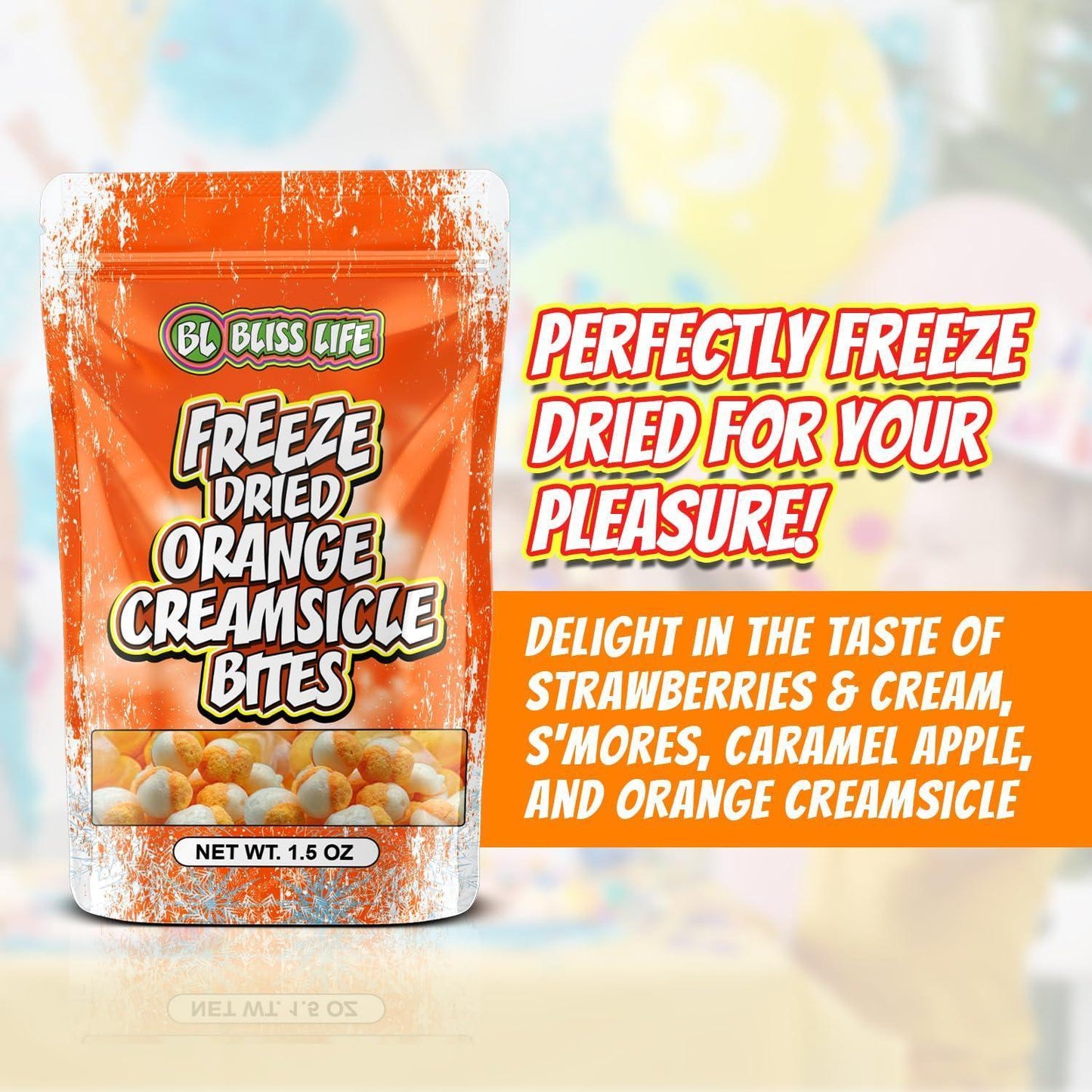 four-flavor variety line: orange creamsicle, strawberries & cream, caramel apple, and s'mores