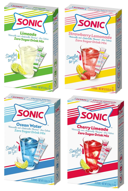 four-flavor variety pack: limeade, ocean water, cherry limeade, and strawberry lemonade