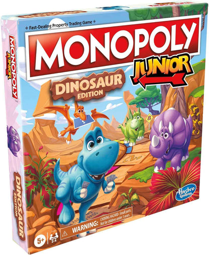Monopoly Junior Dinosaur Edition Board Game for Kids Ages 5-8, Family Playroom Activity with 4 Dino Toy Tokens