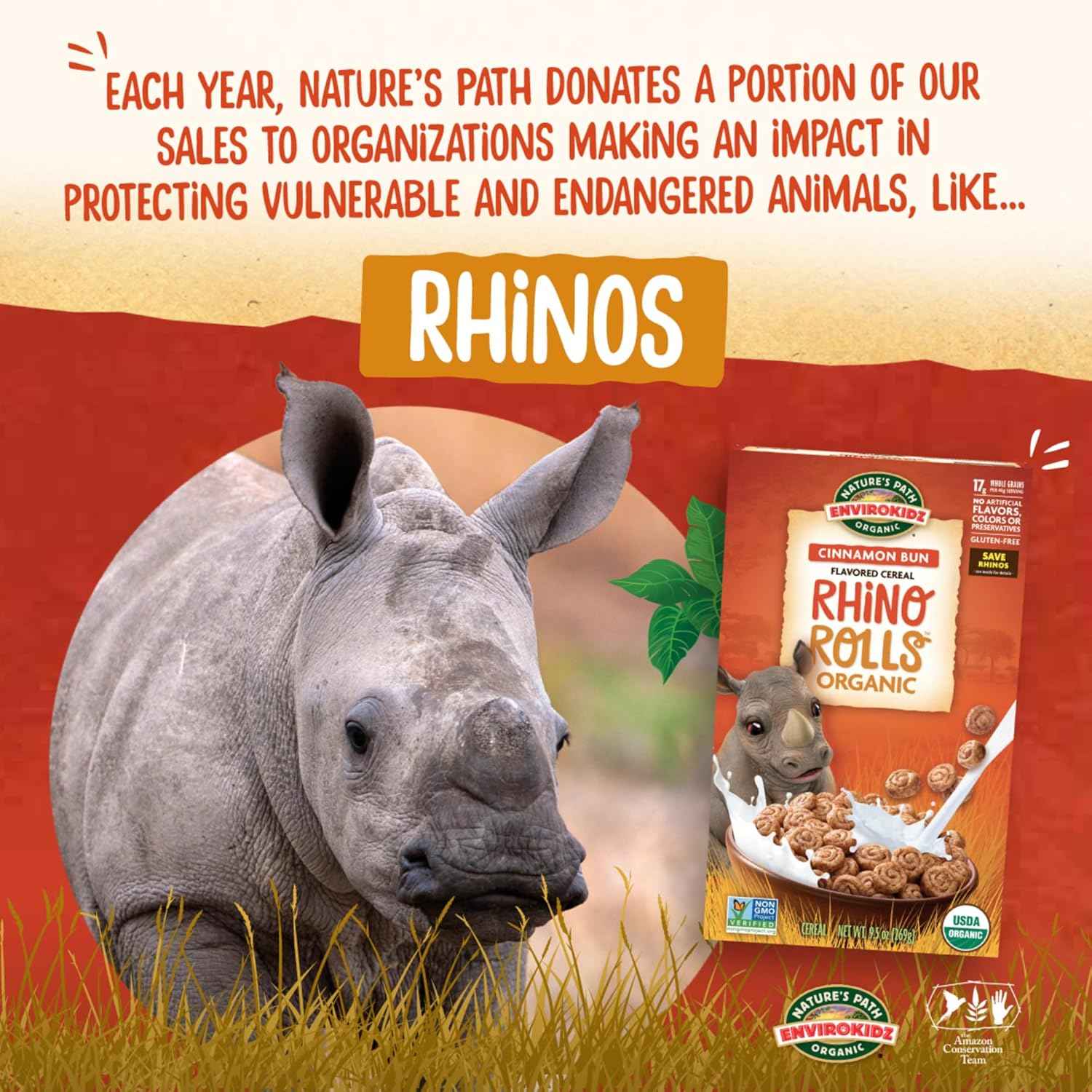 EnviroKidz Rhino Rolls Cinnamon Cereal – Meaningful Holiday Gift for Eco Conscious Families and Wildlife Lovers