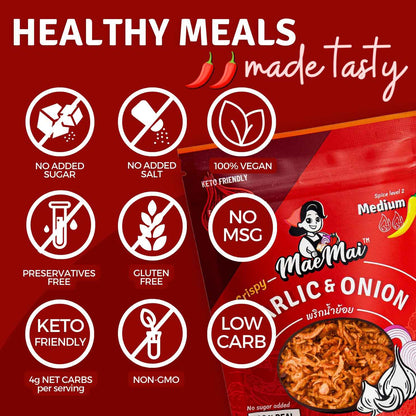 MaeMai Medium Spice Crispy Onions & Garlic Flakes - Clean-Label Thai Chili Crunch for Mindful Home Cooking, Keto & Vegan Friendly