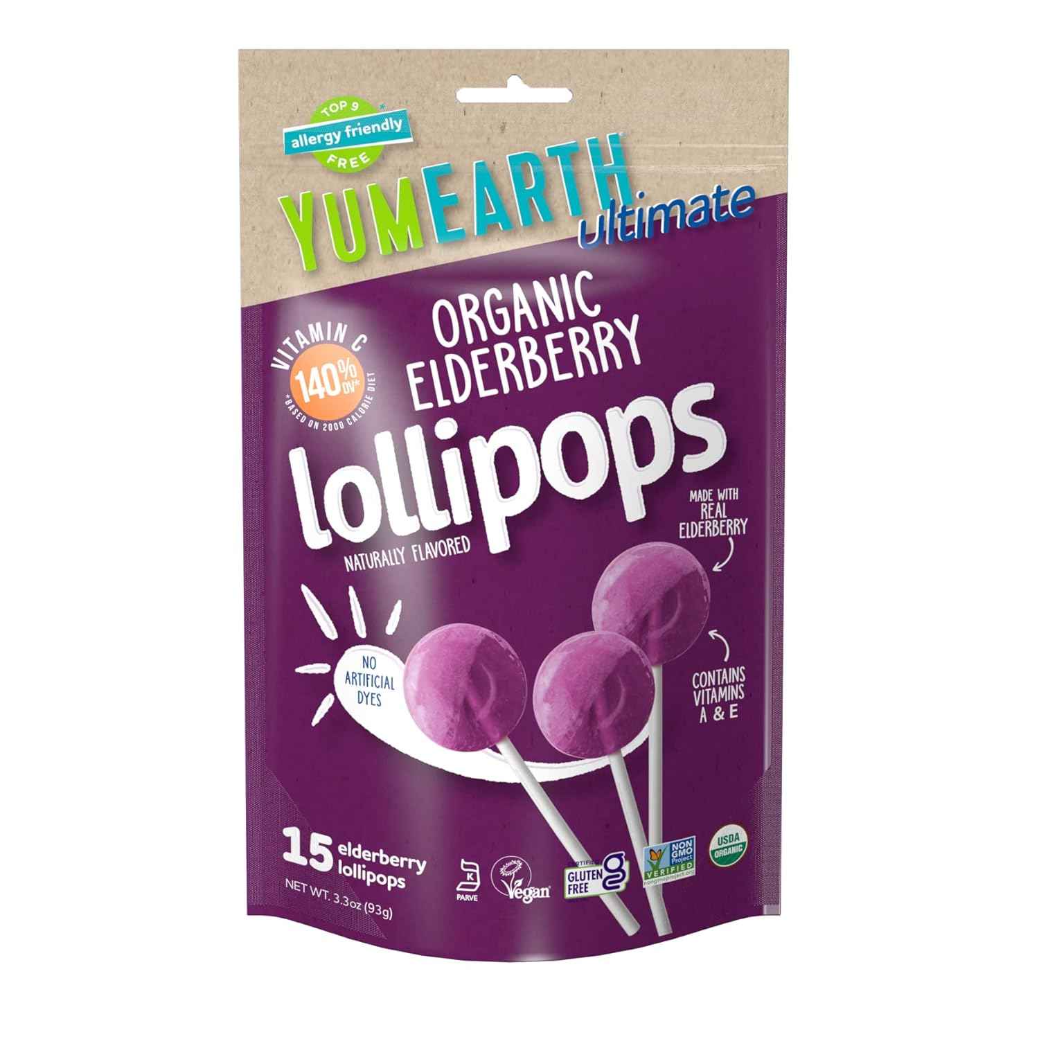 YumEarth Organic Elderberry Pops – Mess-Free Freezer Snack for Picnics, Camping, and Summer Outings, 15 Count