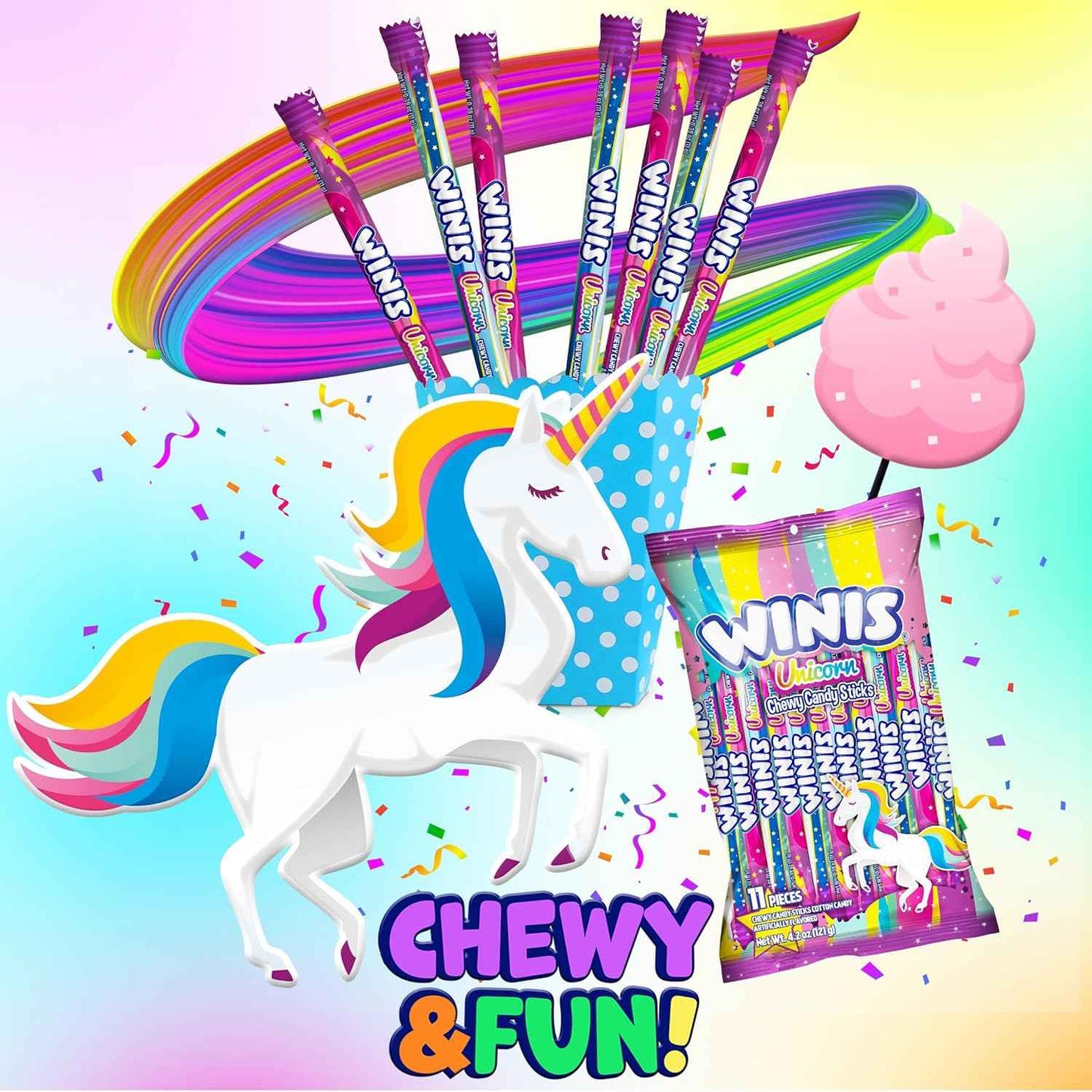 Winis Unicorn Cotton Candy Chewy Taffy Swirls – Non-Melting Candy for Picnics, Pool Parties, and Summer Road Trips | 4.3 Oz Sharing Bag, 11 Individually Wrapped Sticks