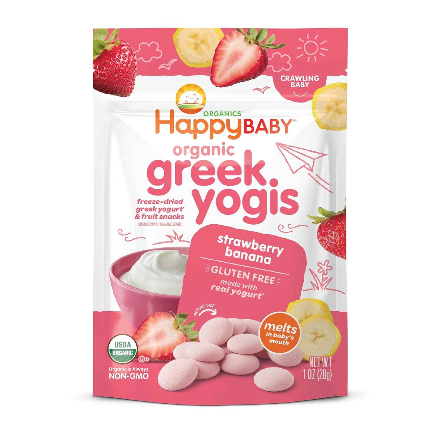 Happy Baby Organics Greek Yogis Baby-Safe Pincer Grasp Snacks for Nursery and Daycare, Strawberry Banana, 0.7 oz Pouch