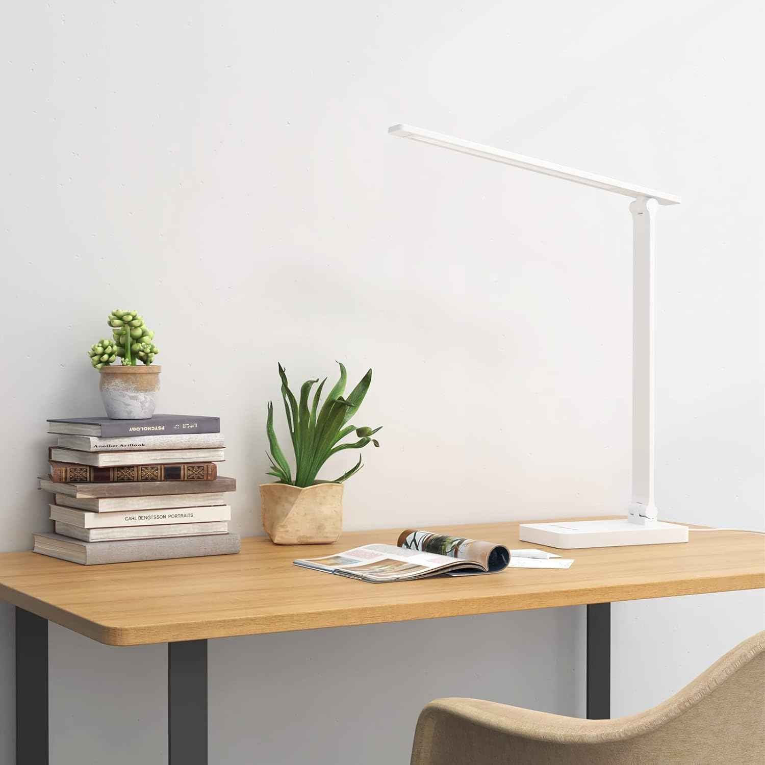 Lepro LED Desk Lamp with USB – Slim Matte White Task Light for Uncluttered Nightstands and Modern Desks