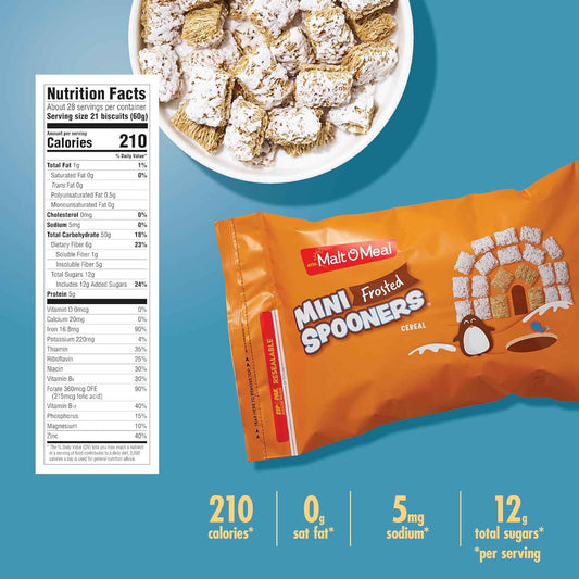 Malt-O-Meal Frosted Mini Spooners Shredded Wheat Cereal, 60 oz Resealable Bulk Bag – Grab-and-Go Commute Breakfast for the Car Cupholder and Office Desk