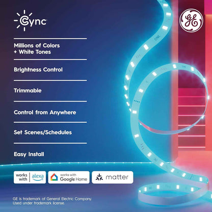 GE Cync Matter Compatible RGB Strip – Study Room Productivity Setup, Tunable White Desk Backlight for Deep Work Sessions