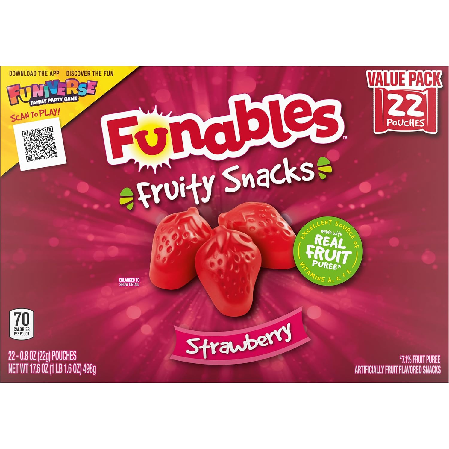 Funables Fruit Snacks for School Lunch & Birthday Goody Bags, Strawberry 22-Count Box