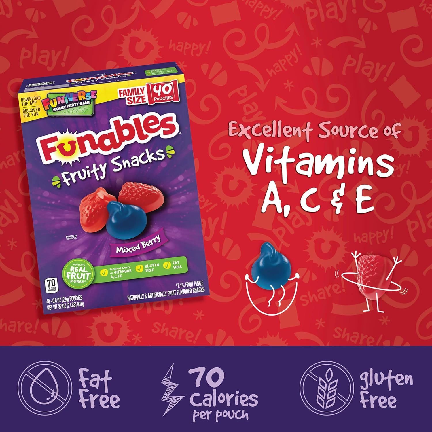 Funables Fruity Snacks, 70 Calorie Mixed Berry Pouches for Calorie Counting and Weight Management