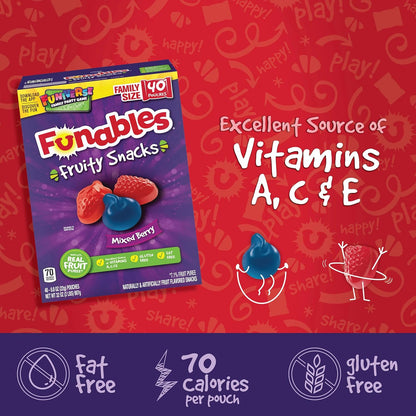 Funables Fruity Snacks, 70 Calorie Mixed Berry Pouches for Calorie Counting and Weight Management