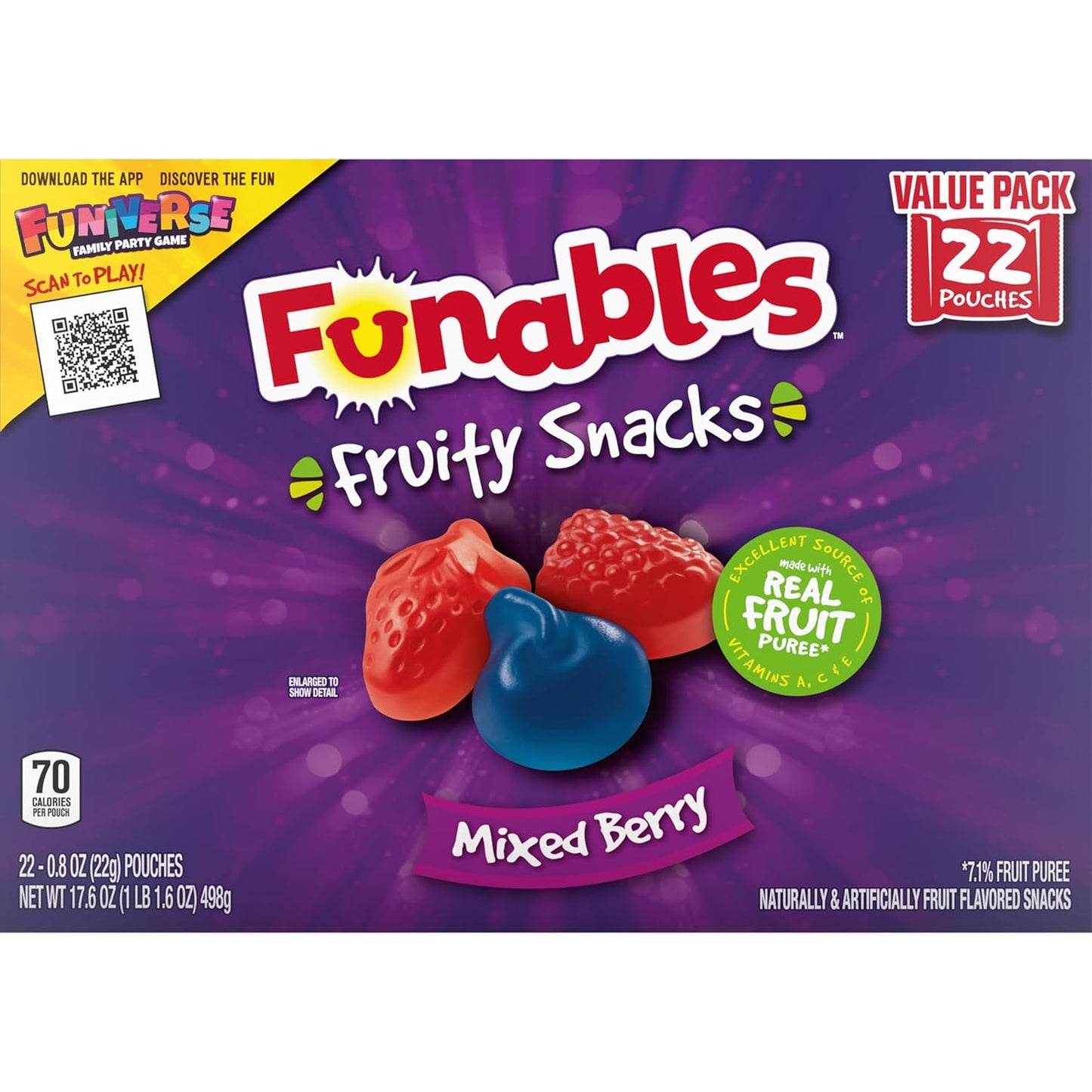 Funables Fruity Snacks Mixed Berry, Grab-and-Go Pouch for School Cafeteria and Study Sessions, 22-Count