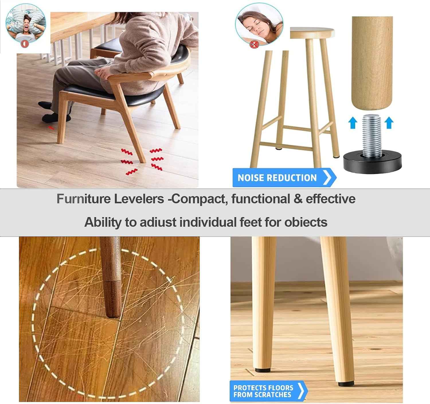 QWORK 1/4" Threaded Furniture Levelers 12 Pack, Stable Leveling Feet for Adjustable Standing Desks and Home Office Chairs, Focused Work Setup