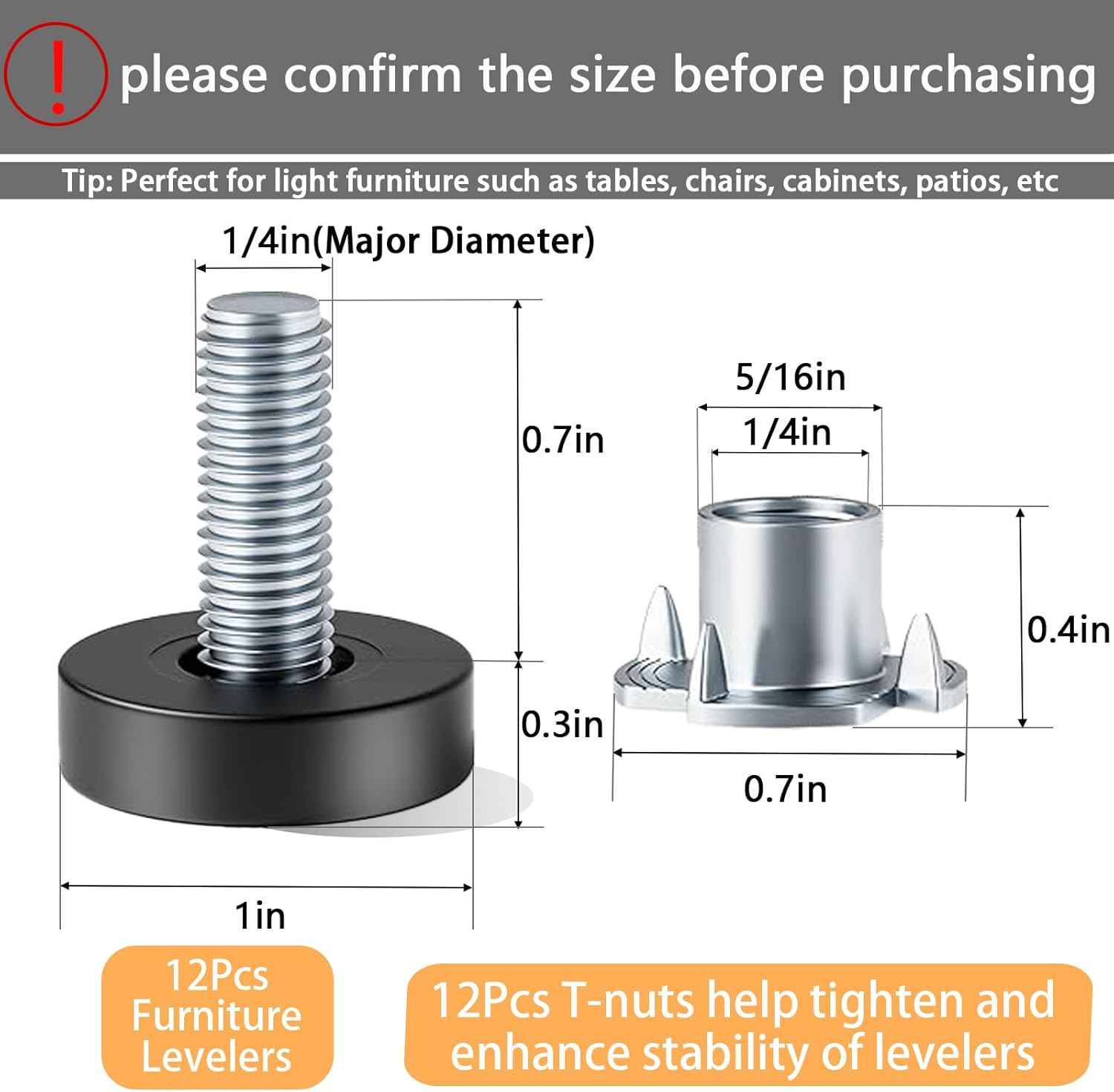 Skywin Adjustable Furniture Levelers – Clean-Line Furniture Stabilizer for Uncluttered Homes, T-Nut 12-Pack