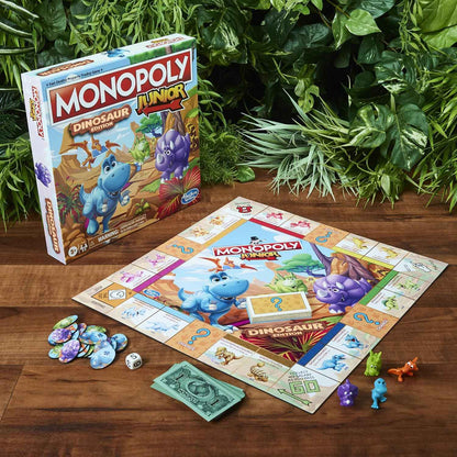 Monopoly Junior Dinosaur Edition Board Game for Kids Ages 5-8, Family Playroom Activity with 4 Dino Toy Tokens