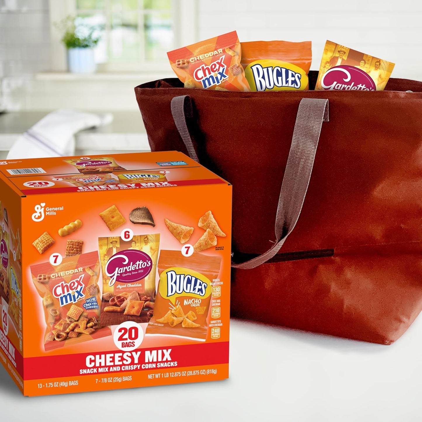General Mills Cheesy Snack Variety Pack – Kids Lunchbox Snack Box with Cheddar Chex Mix, Nacho Bugles, and Gardetto's Single-Serve Bags