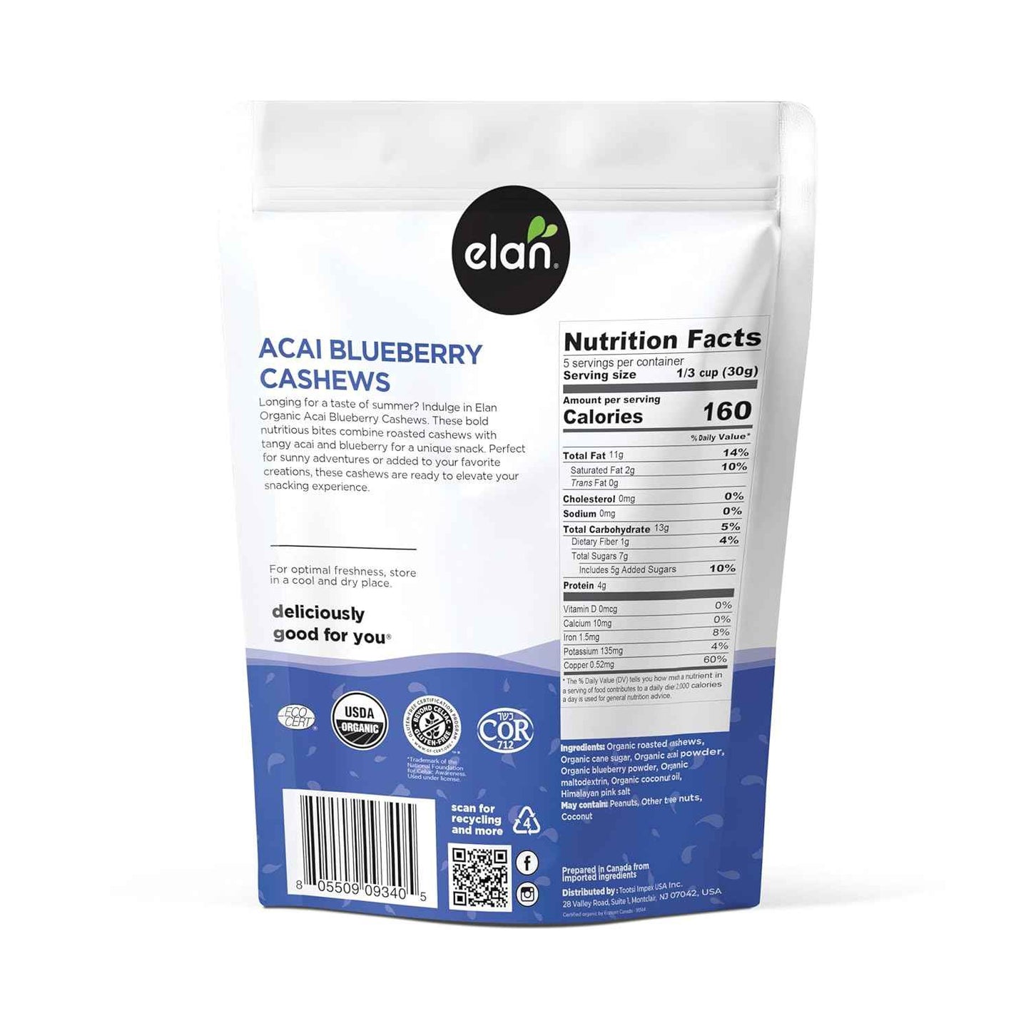 Elan Organic Acai Blueberry Cashews – Housewarming and Hostess Present for Health-Conscious Friends, 5.3 oz Elegant Glazed Nut Bag