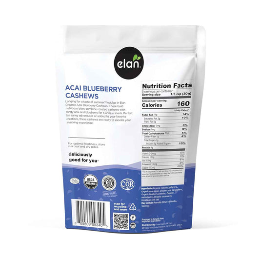 Elan Organic Acai Blueberry Cashews – Housewarming and Hostess Present for Health-Conscious Friends, 5.3 oz Elegant Glazed Nut Bag