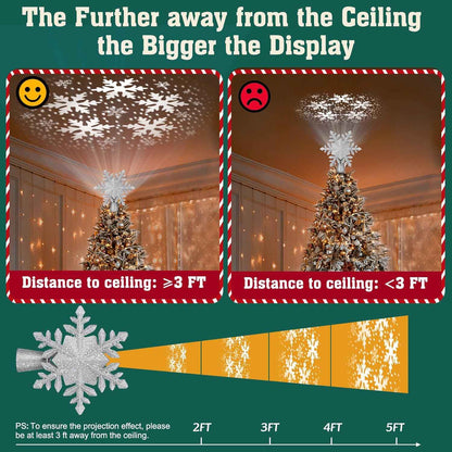 PliMook LED Christmas Tree Topper Projector, 6 Glitter Slides in Gift-Ready Style, Heartfelt Holiday Surprise for Her and Him, Silver