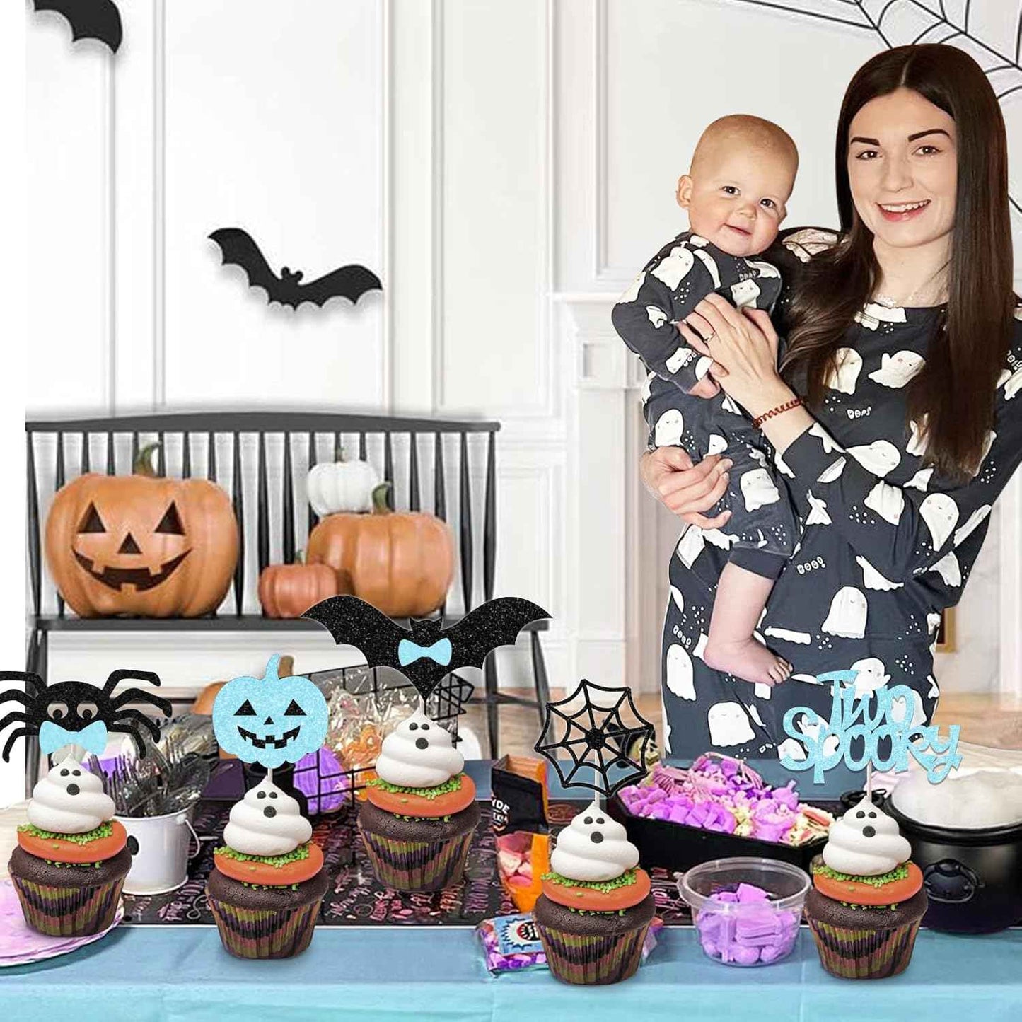Halloween Birthday Party Favor Gift for 2 Year Old Boy, 36Pcs Two Spooky Blue Black Cupcake Toppers Ready to Gift for Grandma Aunt Family Celebration