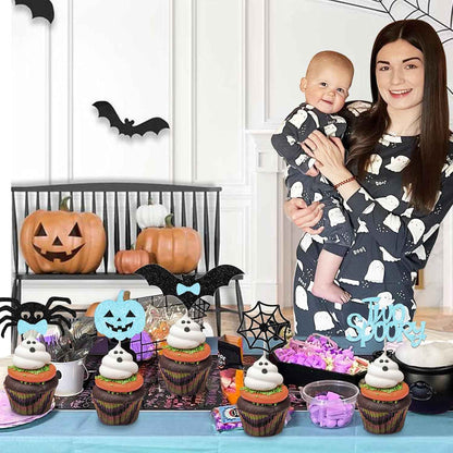 Halloween Birthday Party Favor Gift for 2 Year Old Boy, 36Pcs Two Spooky Blue Black Cupcake Toppers Ready to Gift for Grandma Aunt Family Celebration