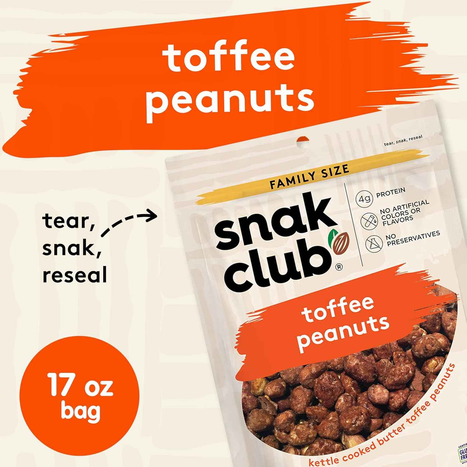 Snak Club Toffee Peanuts – Clean Label Gluten-Free Snack for Mindful Munching, Praline Peanuts 17 oz Resealable Bag
