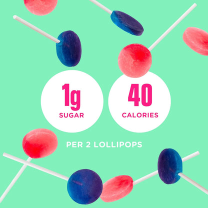 gluten-free and plant-based with 12 individually wrapped lollipops per bag in two fruity flavors (blue raspberry and watermelon)