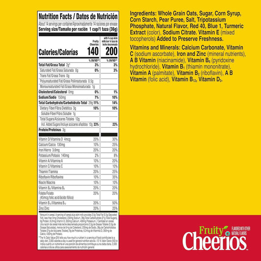 Fruity Cheerios Heart Healthy Cereal Made with Whole Grain Oats – Safe Lunchbox Snack for Gluten Sensitive Children, 18.4 oz Box