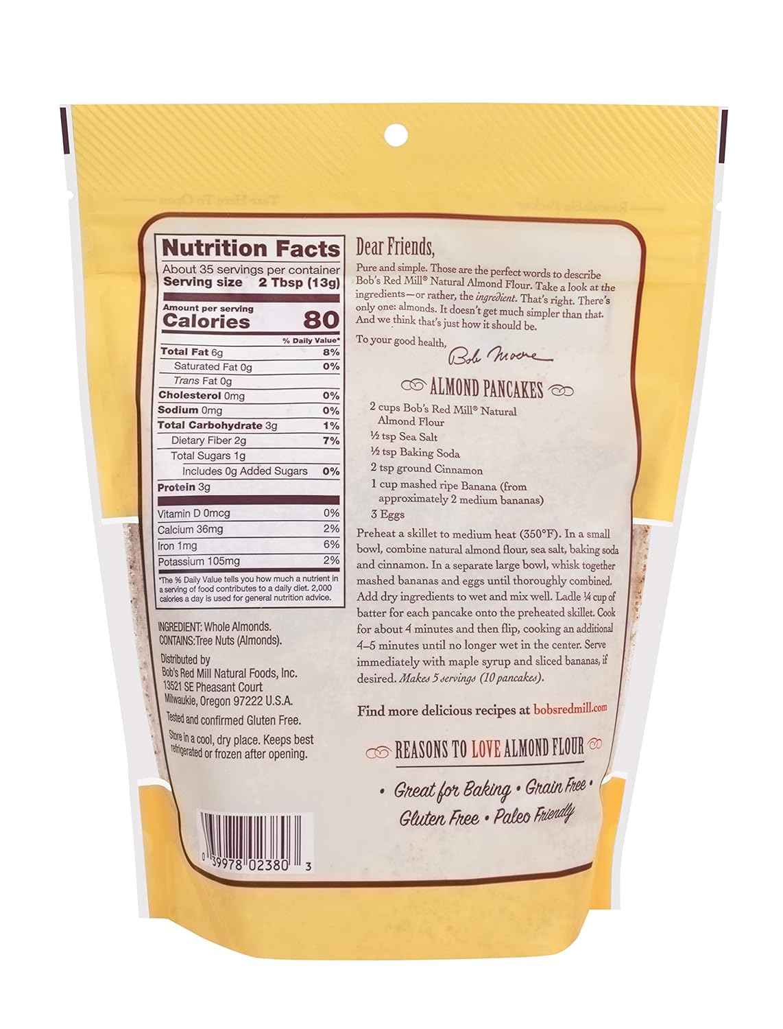 Bob's Red Mill Natural Almond Flour for Family Kitchen, Gluten Free Baking Flour for School Lunch Muffins and Snacks