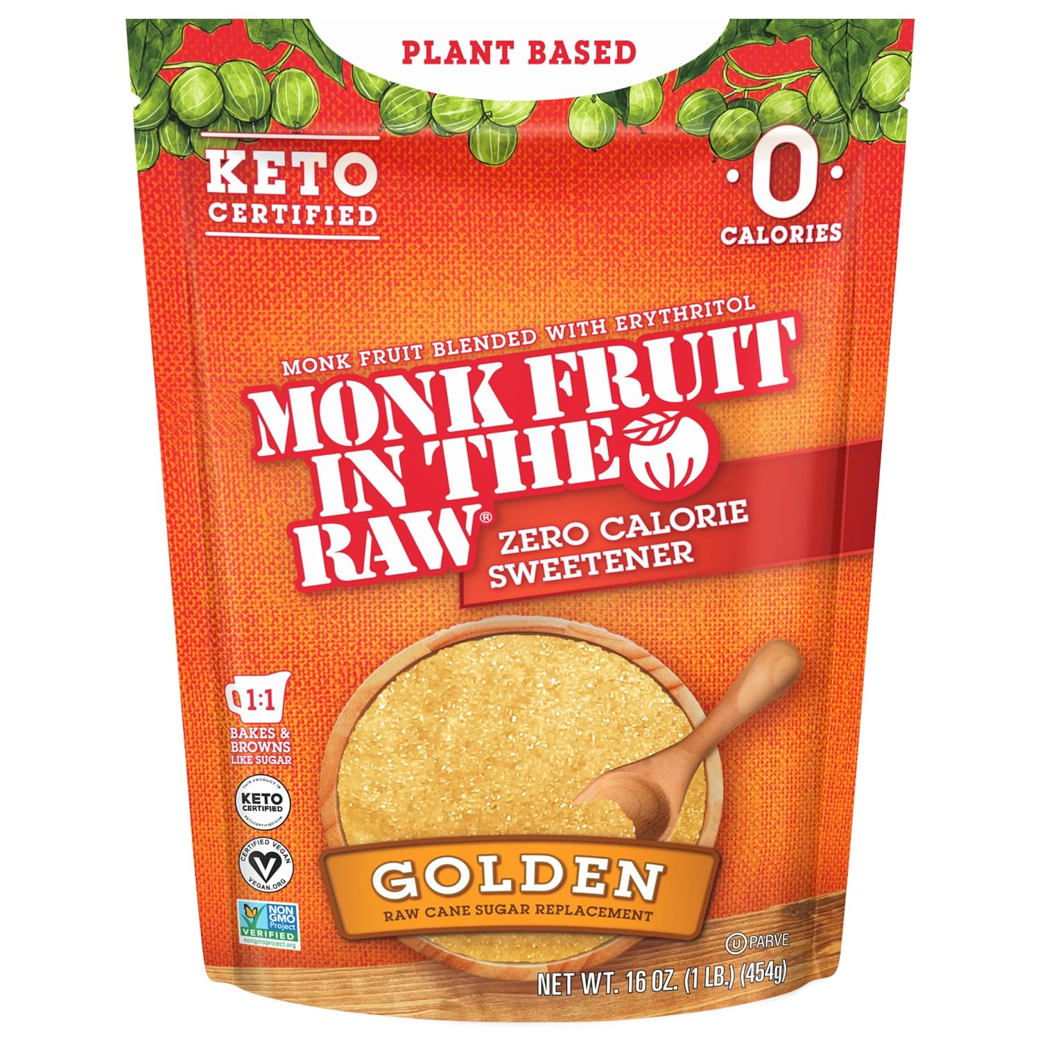 golden monk fruit blended with erythritol for sugar-like sweetness and caramel undertones
