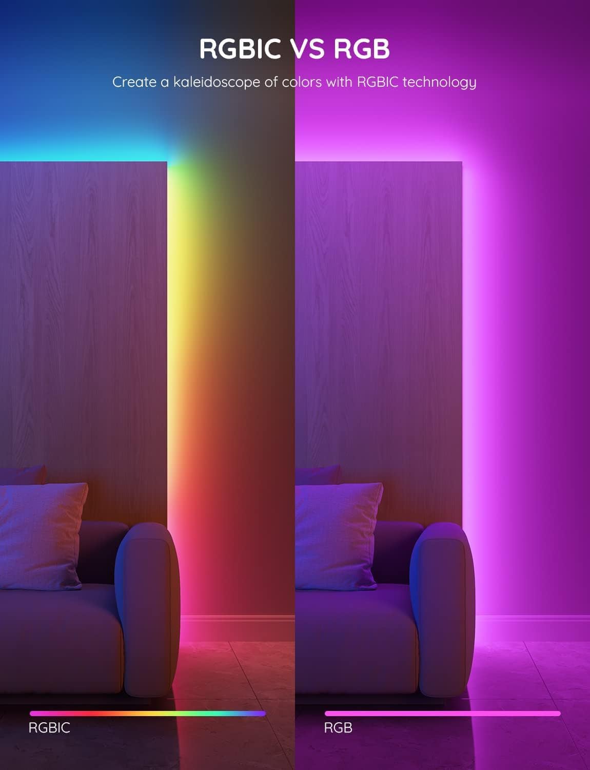Govee RGBIC LED Strip Lights – Cool-Touch, Flame-Free Bedroom Lighting for Kids and Teens, App Timer, 16.4ft