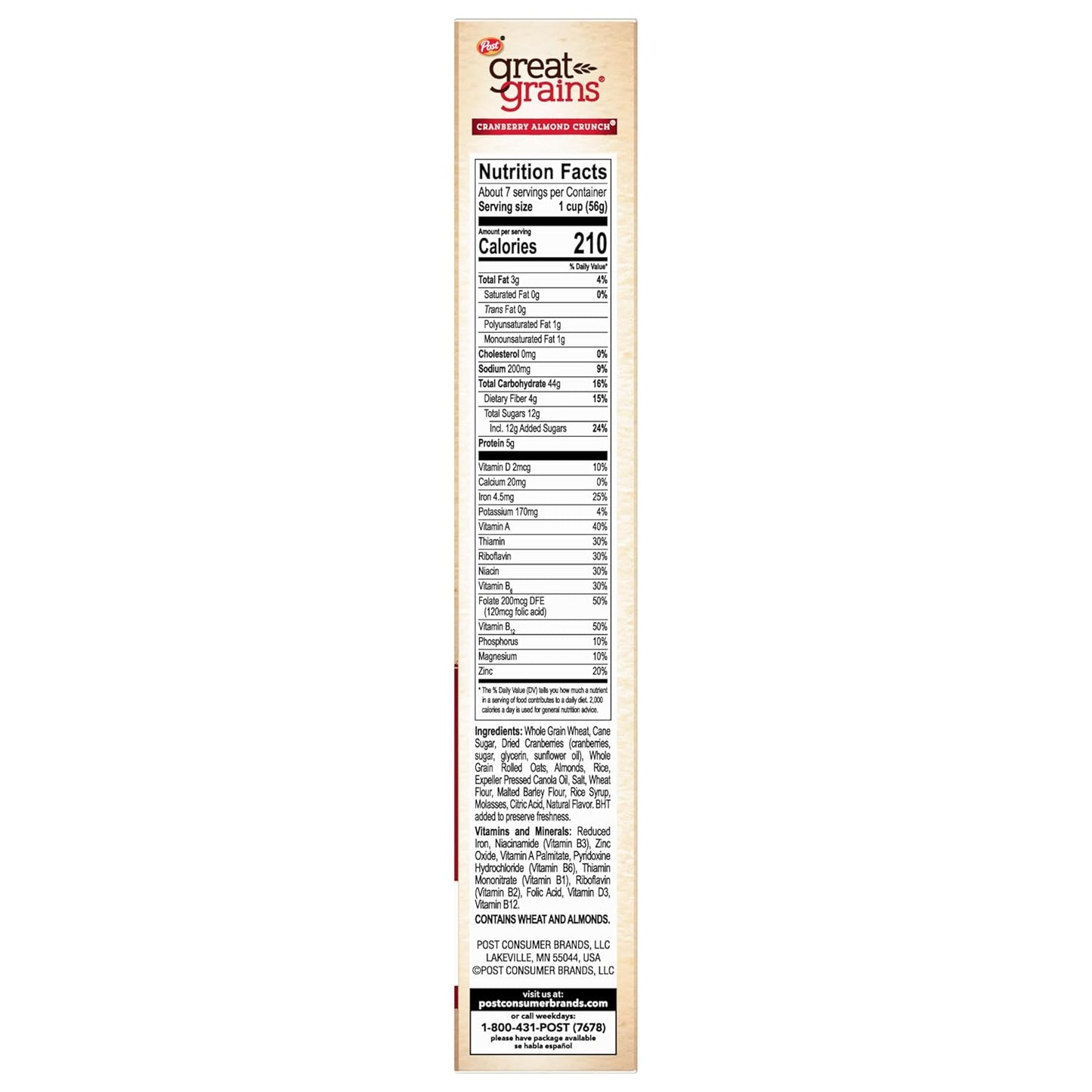 Great Grains Cranberry Almond Crunch Cereal – High-Fiber Non-GMO Cereal for Clean-Label Wellness Pantries, 14 oz