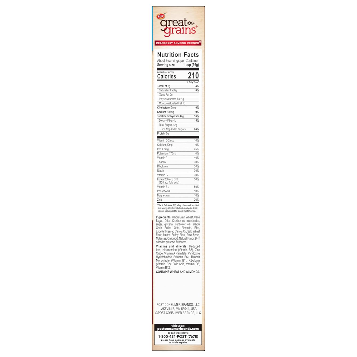 Great Grains Cranberry Almond Crunch Cereal – Thoughtful Care Package Gift for Health-Conscious Friends, 17 oz Box
