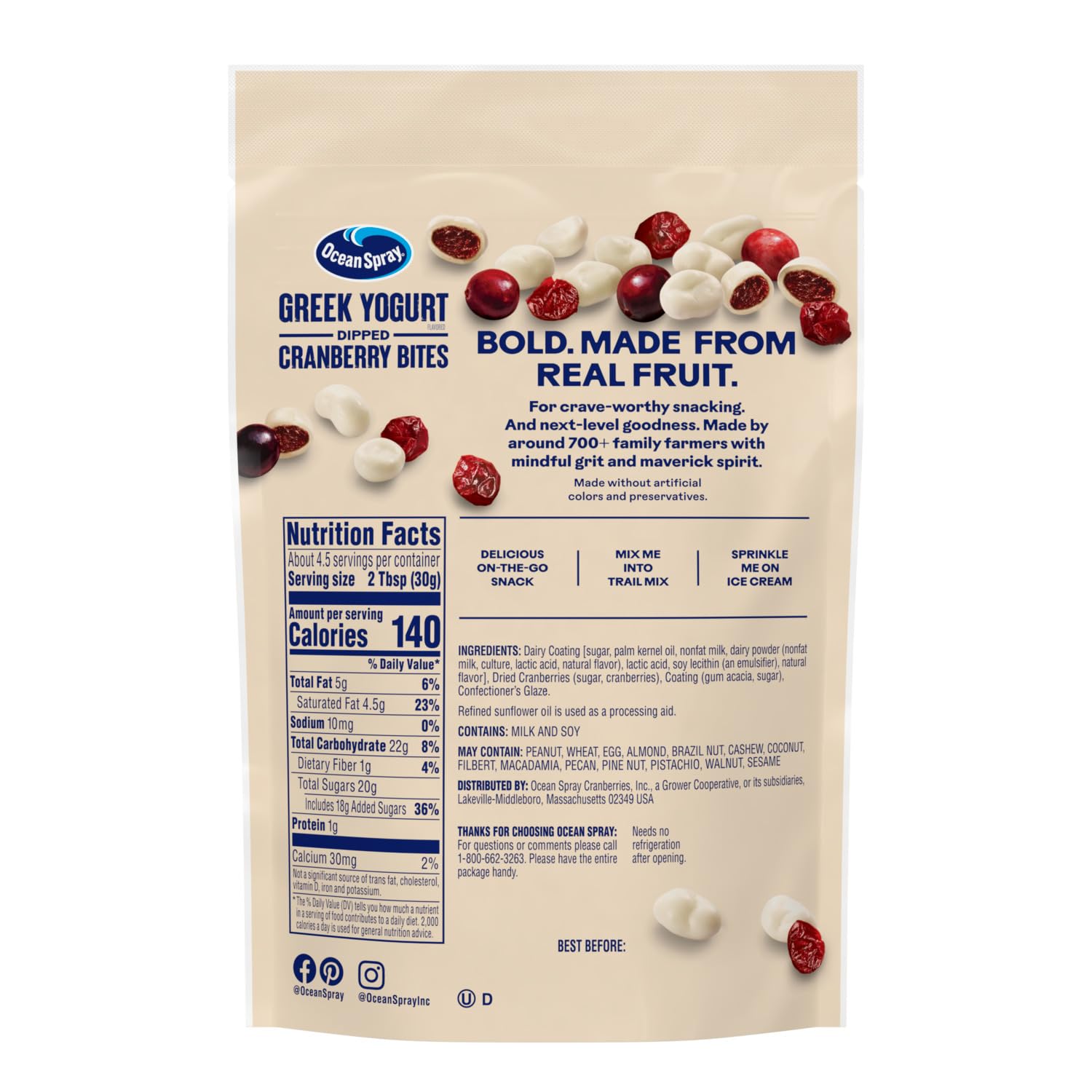 greek yogurt flavored coating over sweetened dried cranberries