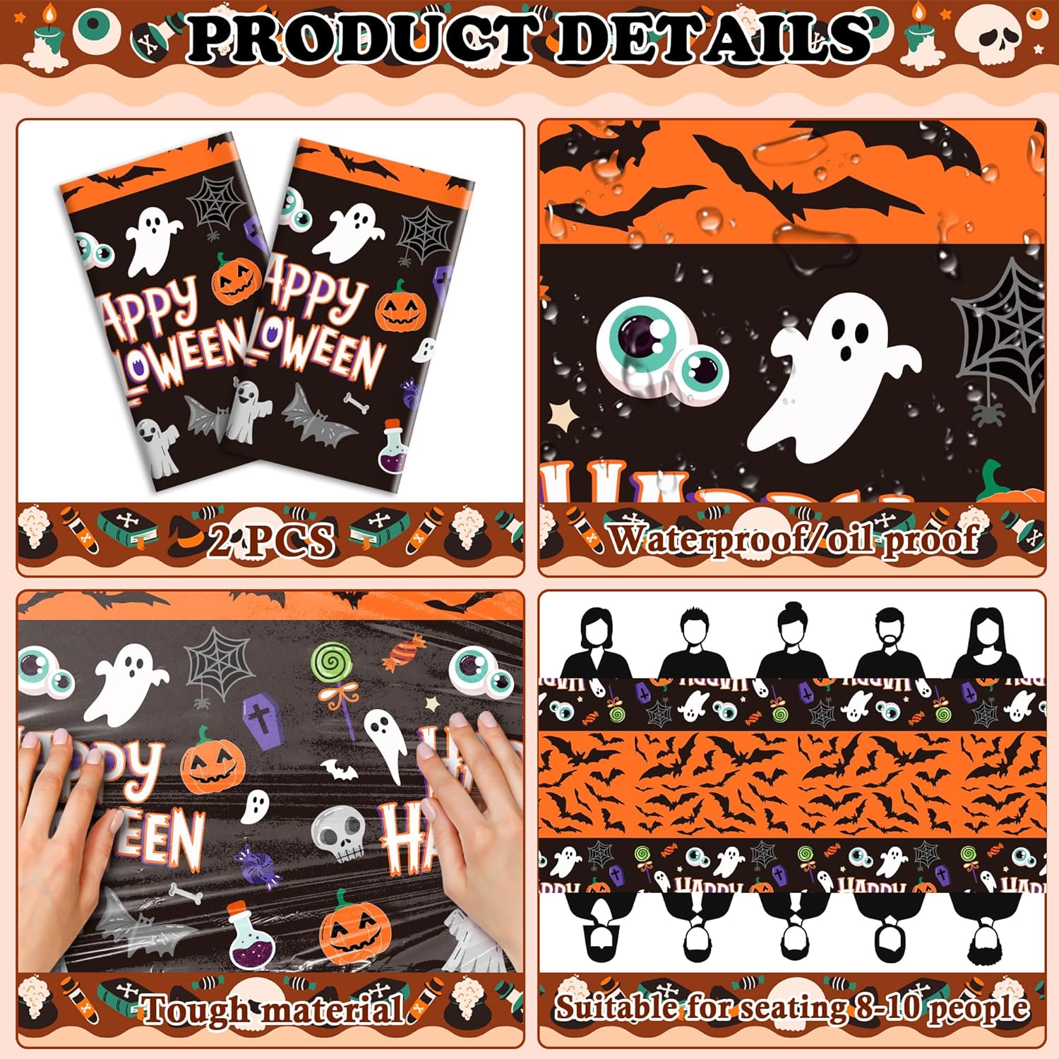 halloween motifs including skeletons, bats, ghosts, and pumpkins