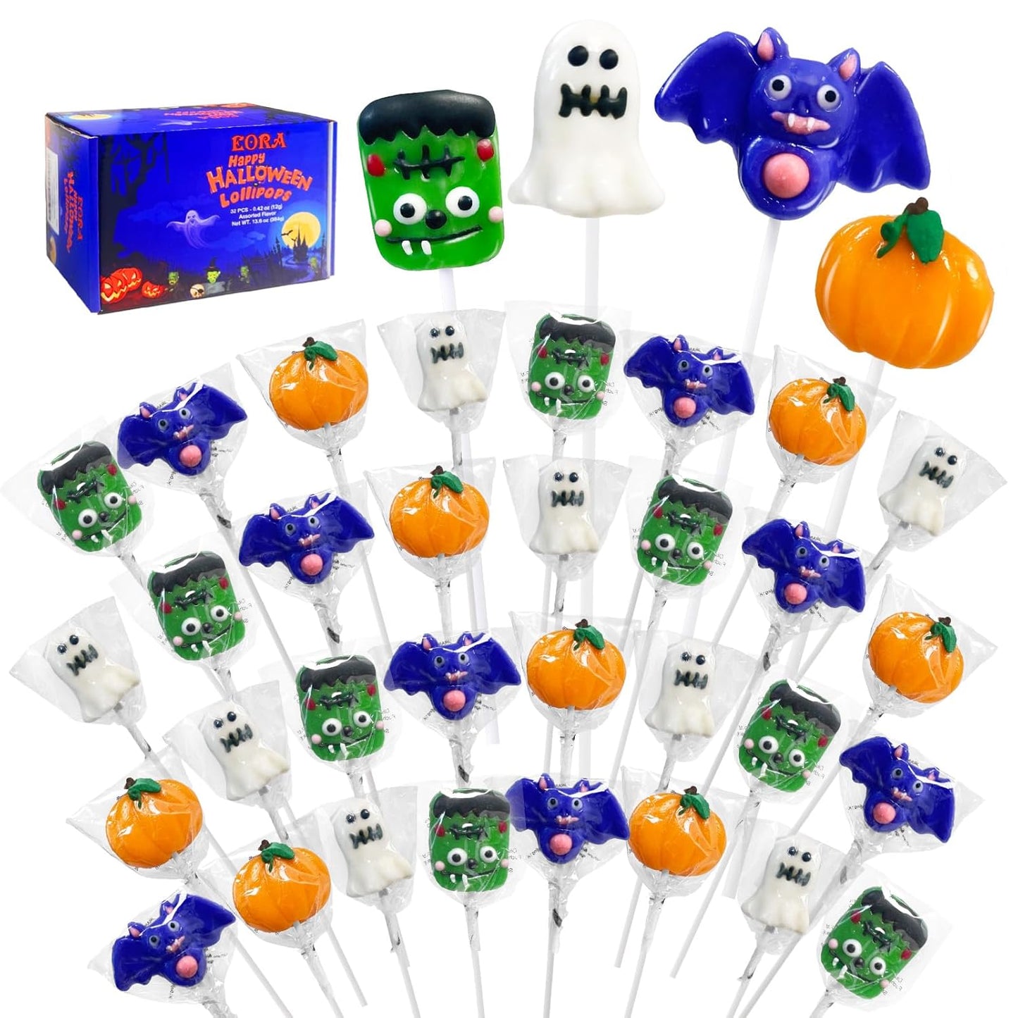 Halloween Suckers Lollipops for Kids Party Favor Bags, Assorted Pumpkin Ghost Bat Cat Shaped Suckers Individually Wrapped Treats, 32 Count Halloween Candy