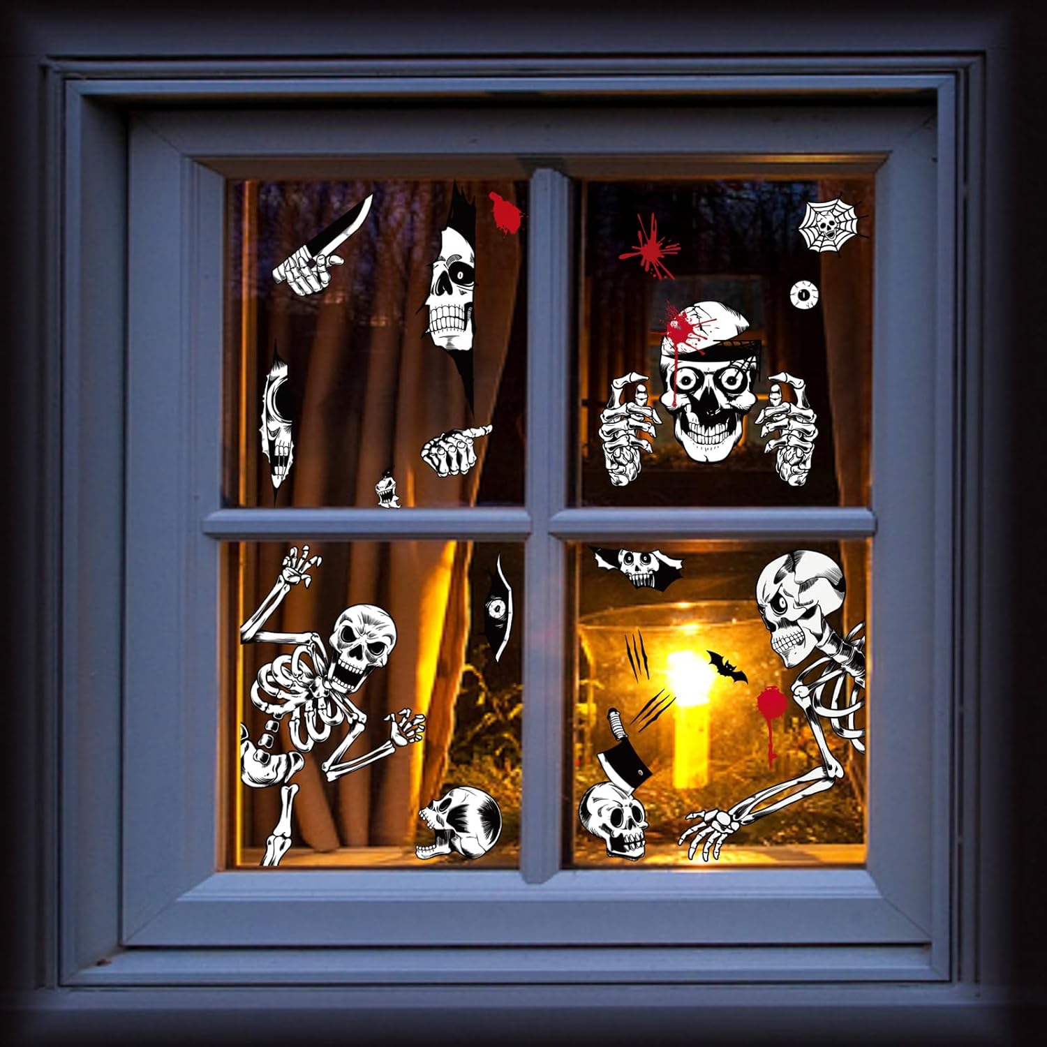 Halloween Window Decals - Mixed Skulls, Skeletons, and Blood Drops for Home Glass Doors and Stairwell Panels, Reusable Static Cling