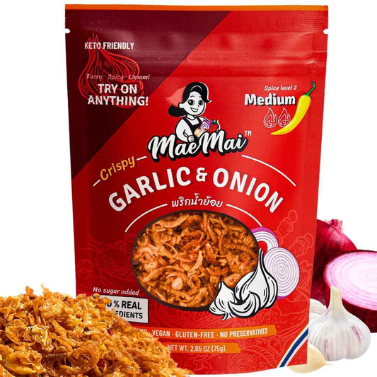 MaeMai Medium Spice Crispy Onions & Garlic Flakes - Clean-Label Thai Chili Crunch for Mindful Home Cooking, Keto & Vegan Friendly