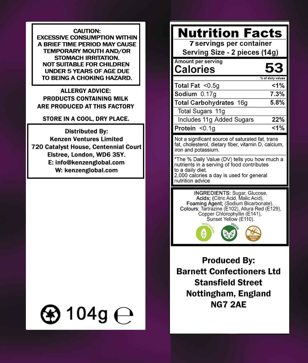 Barnetts Mega Sour Candy Fruits 104g – Travel Snack and Road Trip Sour Sweets in Compact Resealable Pouch