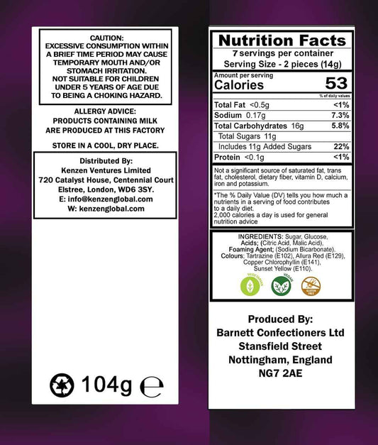 Barnetts Mega Sour Candy Fruits 104g – Travel Snack and Road Trip Sour Sweets in Compact Resealable Pouch