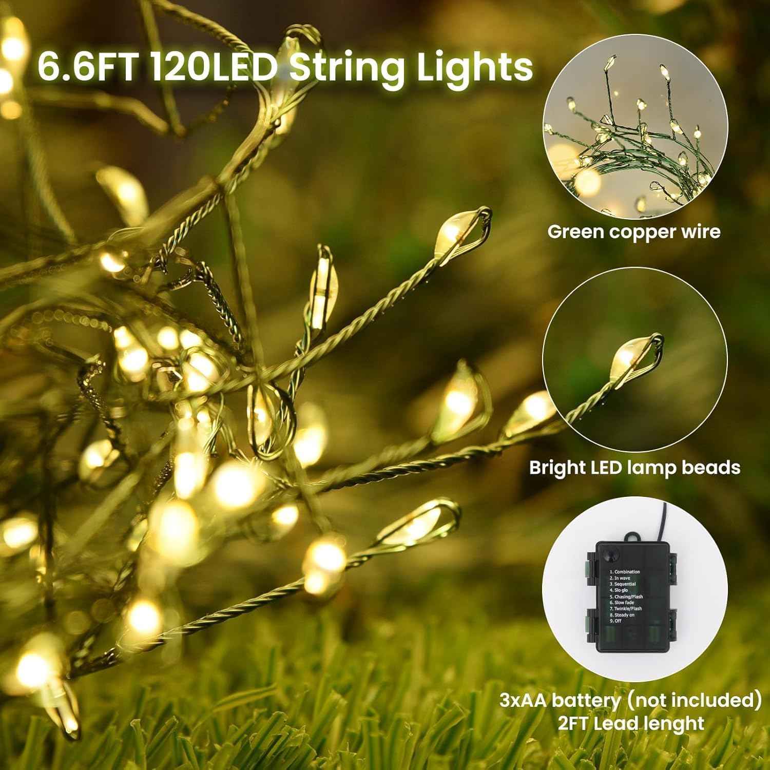 Dailyart 6ft Outdoor Fairy Lights 120 LED – Camping Tent and Backyard Ambiance, IP44 Waterproof Copper Wire