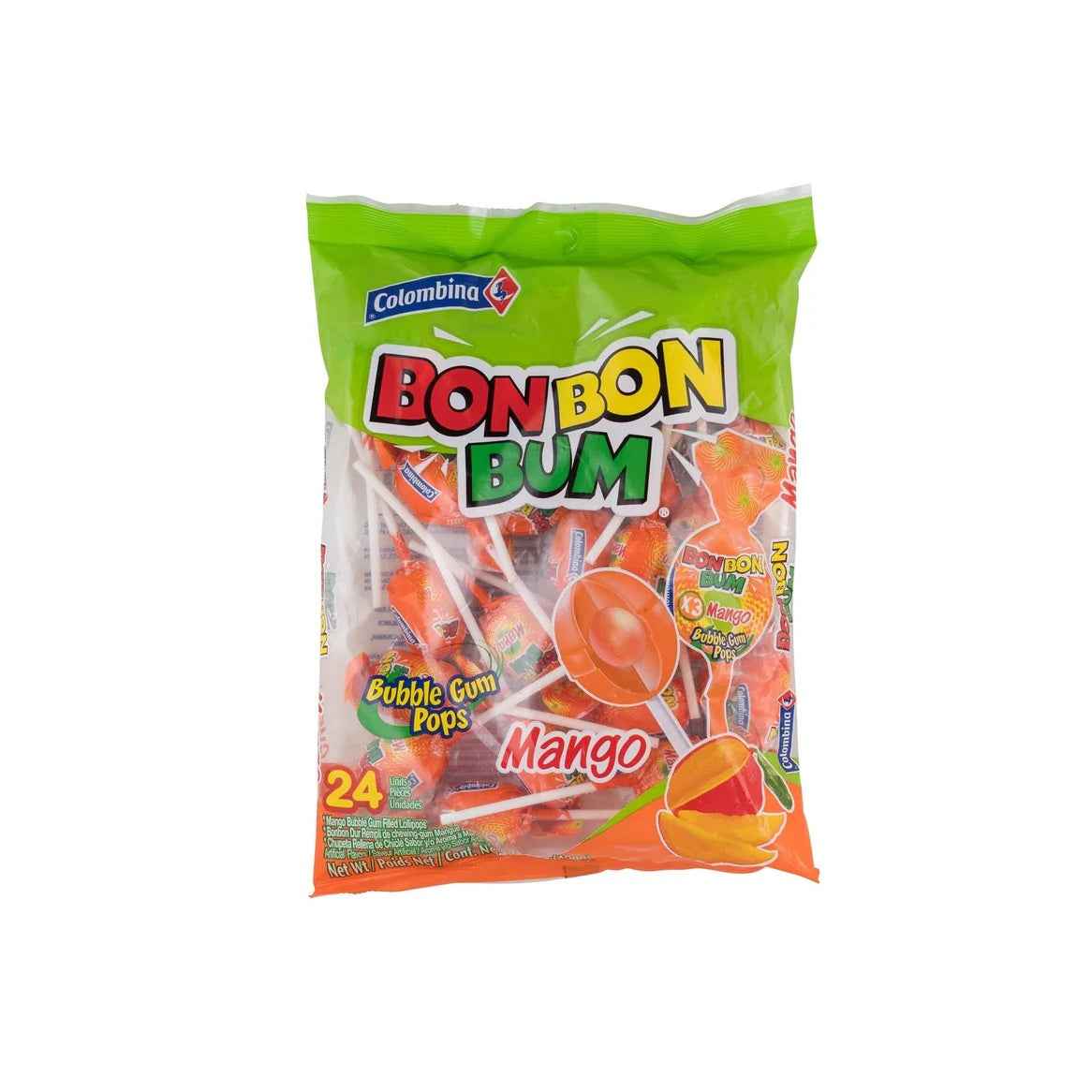Colombina Bon Bon Bum Mango Bubble Gum Lollipops – Safe Individually Wrapped Kids Party Candy for Birthdays and School Events