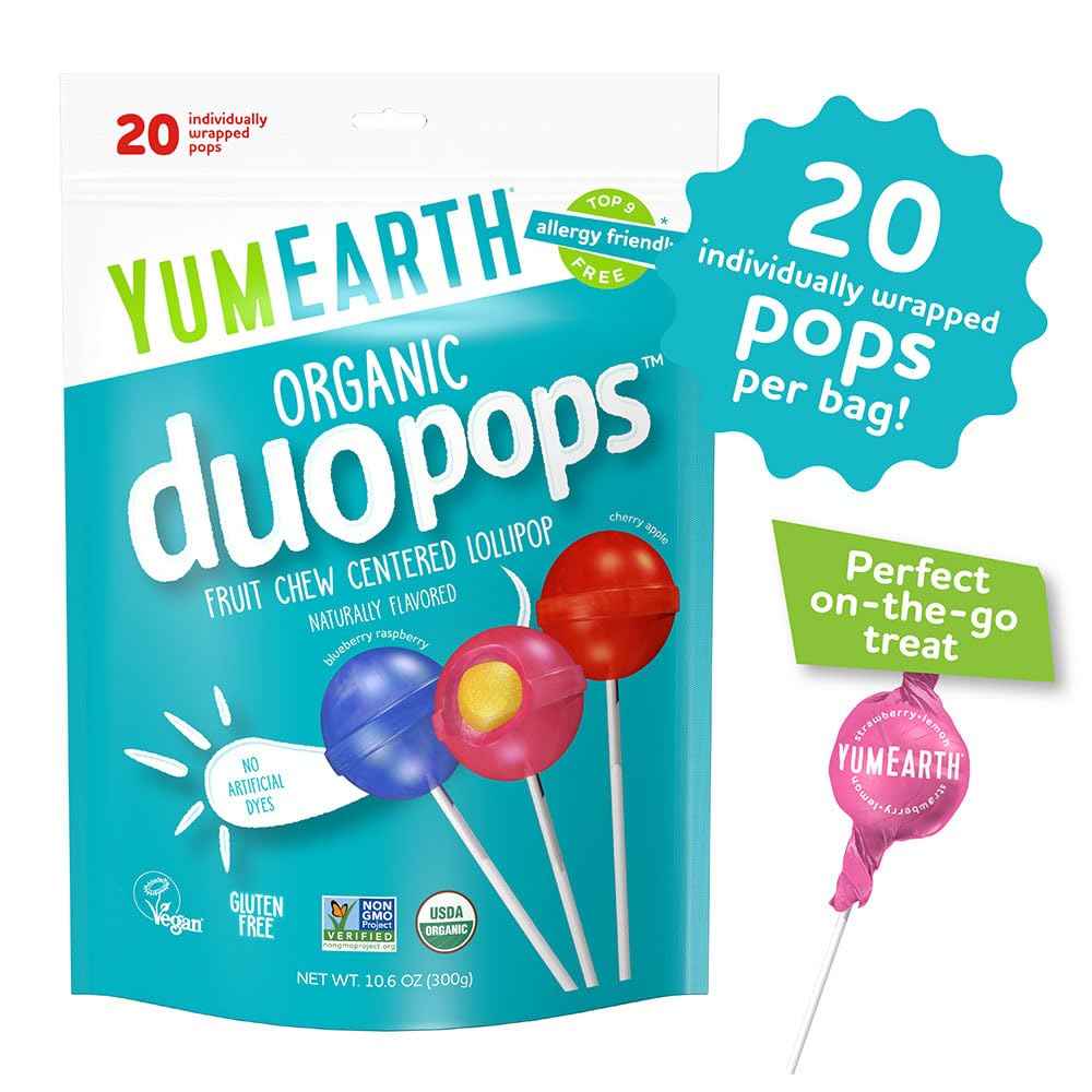 YumEarth Organic Duo Pops – Dye-Free Chewy Center Lollipops for Nursery Snack Jars and Sunday School Treasure Boxes